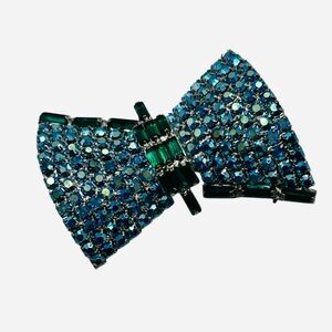 Fabulous Vintage Blue AB and Emerald Rhinestone Asymmetrical Bow Brooch